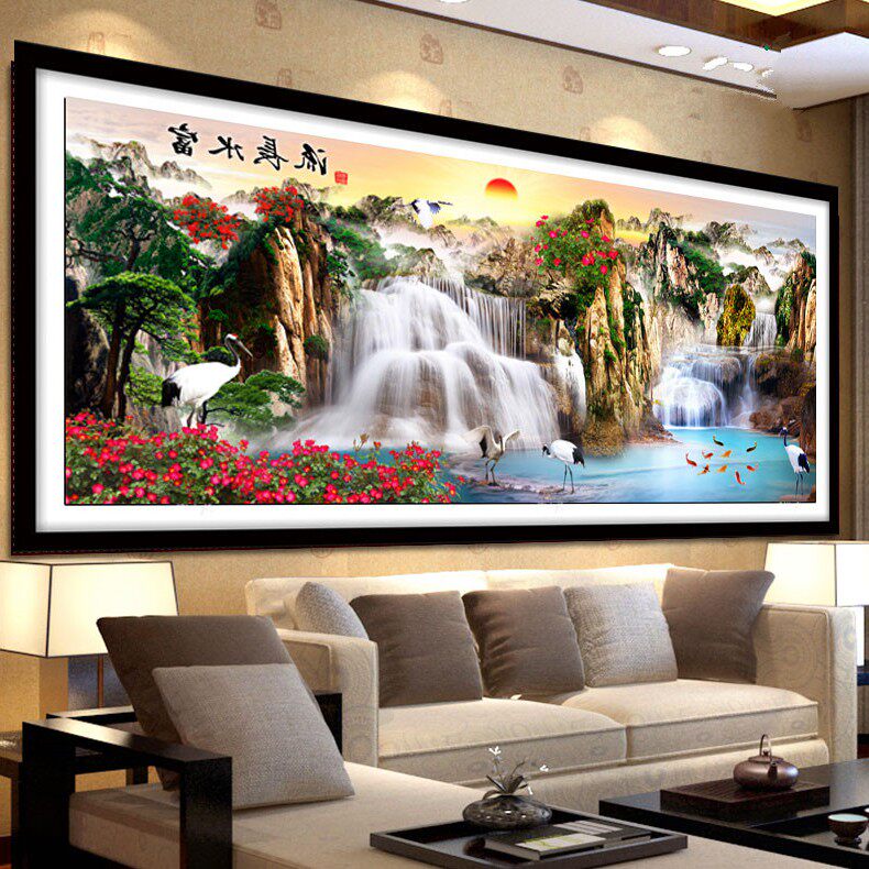 手工十字绣成品客厅大幅山水风景流水水生财富十字绣成品