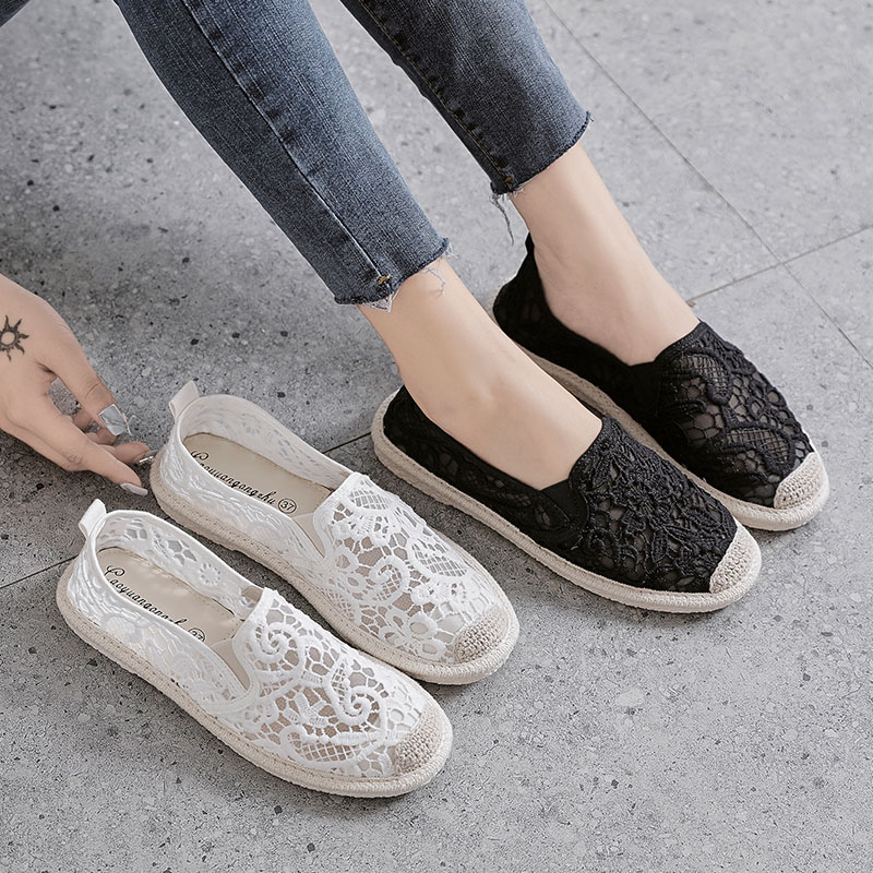 2022夏季草编渔夫鞋女平底老北京布鞋蕾丝网面镂空一脚蹬懒人单鞋