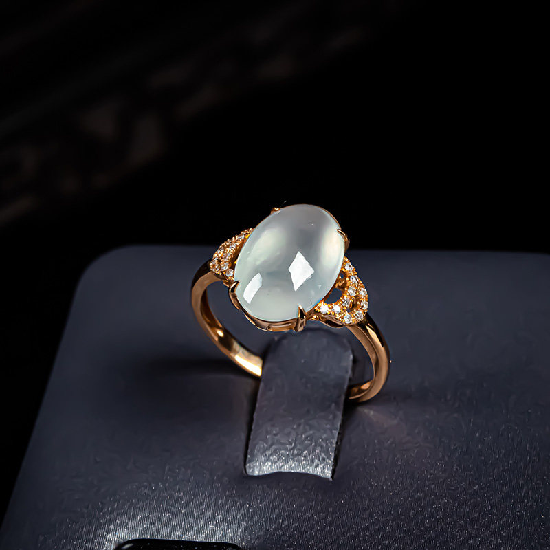 天然a货翡翠戒指冰种戒面蛋面裸石18k金镶嵌女款玉石戒指戒面