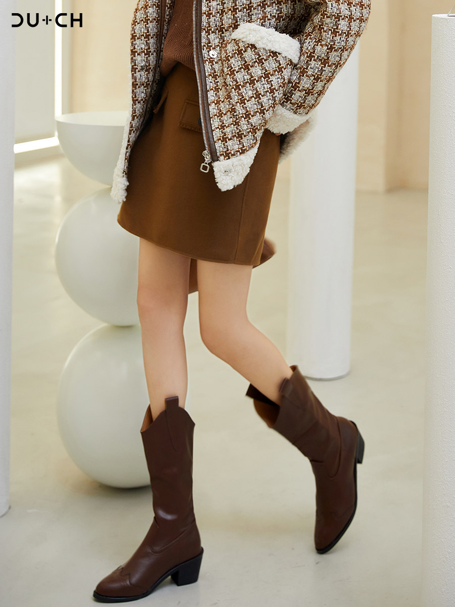 cu ch秋冬女时尚简约通勤绵羊毛呢短款直筒双口袋半身裙