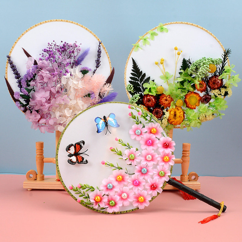 母亲节团扇干花diy材料永生花宫廷扇子手工手工制手工创意粘贴类