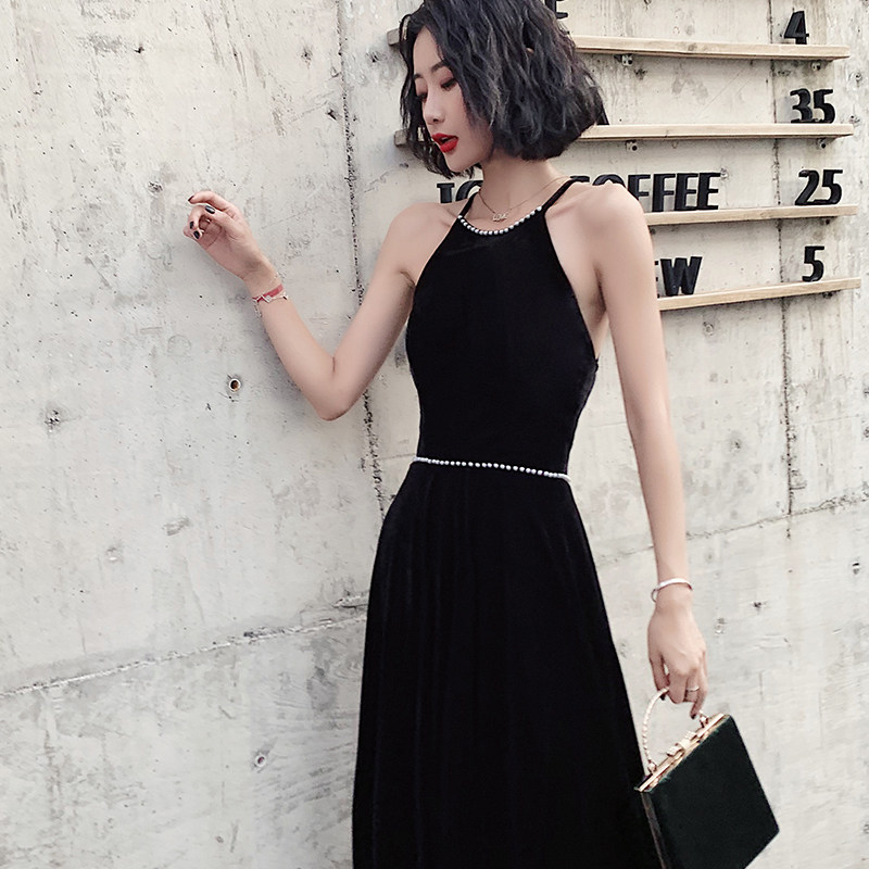 黑色晚礼服裙女简约新款宴会吊带长款高端平时礼服
