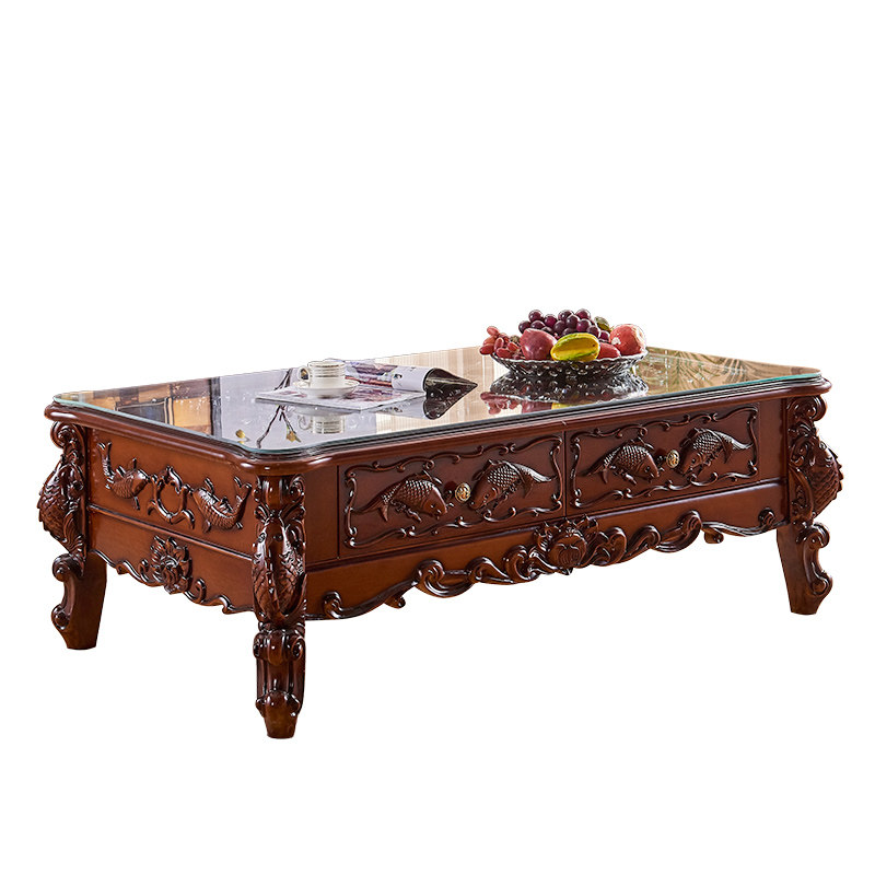 实木欧式茶几台面雕花钢化玻璃圆角颜色定制茶几