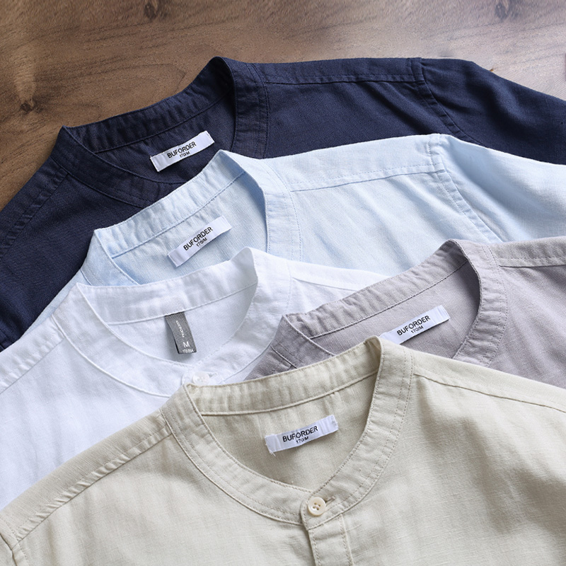 立领亚麻衬衫男长袖春夏季休闲宽松上衣圆领棉麻料薄款白衬衣男潮