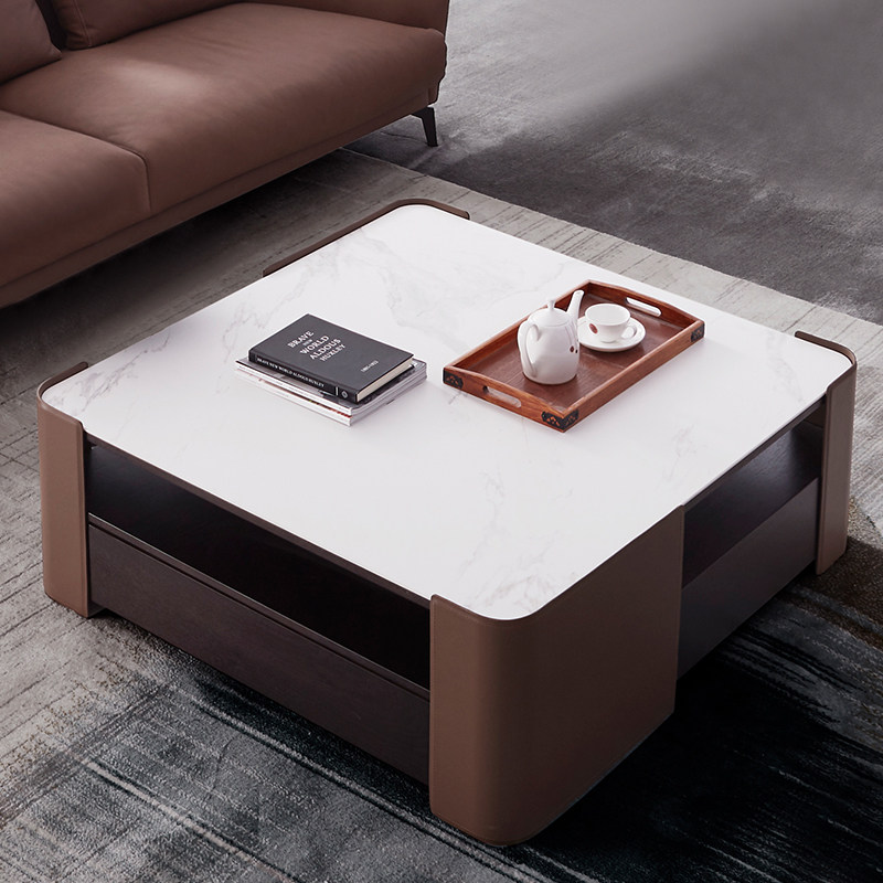 诺华纳图旗意式岩大理石茶几轻奢皮质储物方客厅茶几