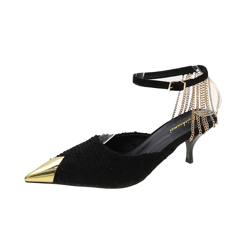 2022新款slp黑色小香风细高高跟鞋尖头性感宴会单鞋