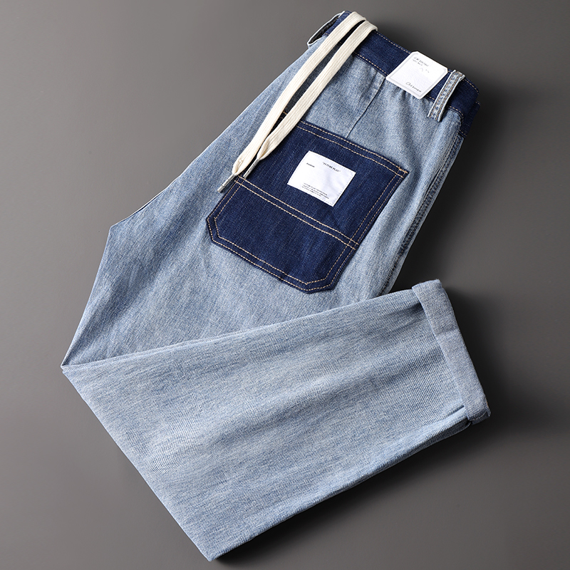 SWEECOE休闲牛仔裤男夏天薄款男9分裤老爹裤宽松日系浅蓝春夏潮牌