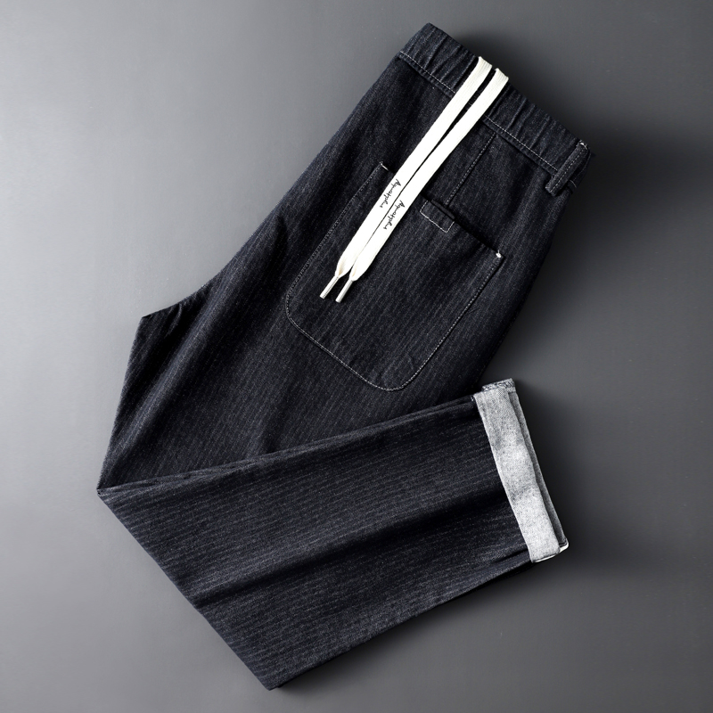 高端痞帅暗色条纹日系休闲牛仔裤男士秋季抽绳挺阔锥型休闲长裤子