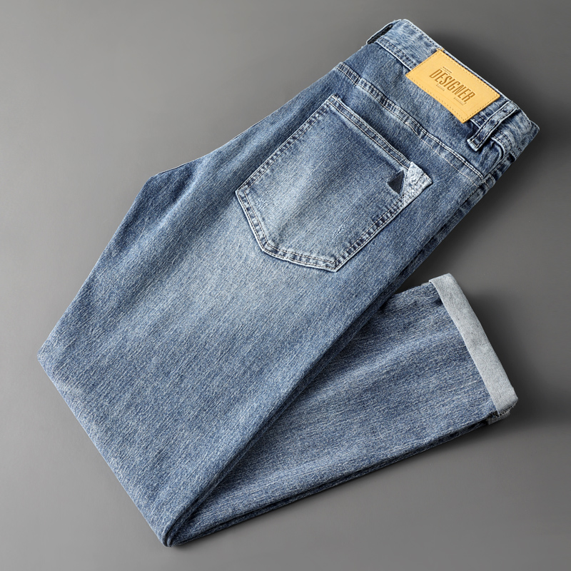 SWEECOE质感棉弹软糯 百搭简约直筒宽松浅蓝色 2021春季牛仔裤男