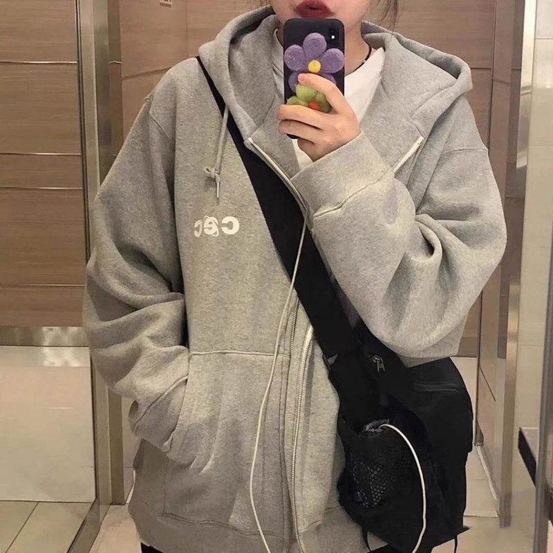 韩国chancechance字母cec印花卫衣2020新标拉链加绒卫衣