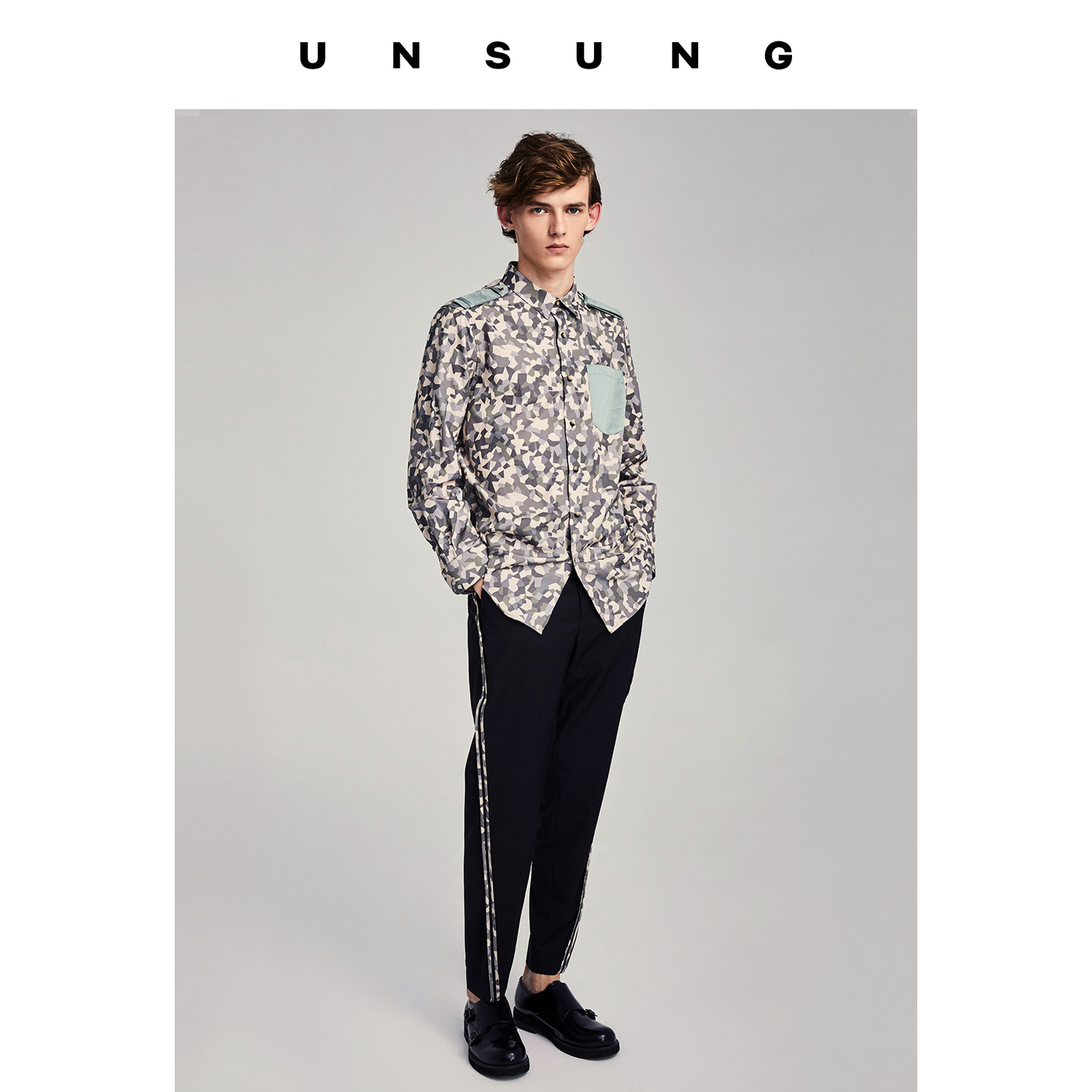 magmode名堂unsung秋冬军事抽象派几何风格迷彩印花衬衫