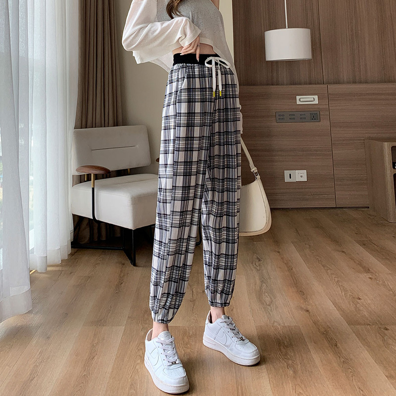 束脚黑白格子裤女夏季薄款宽松九分小个子灯笼裤休闲裤