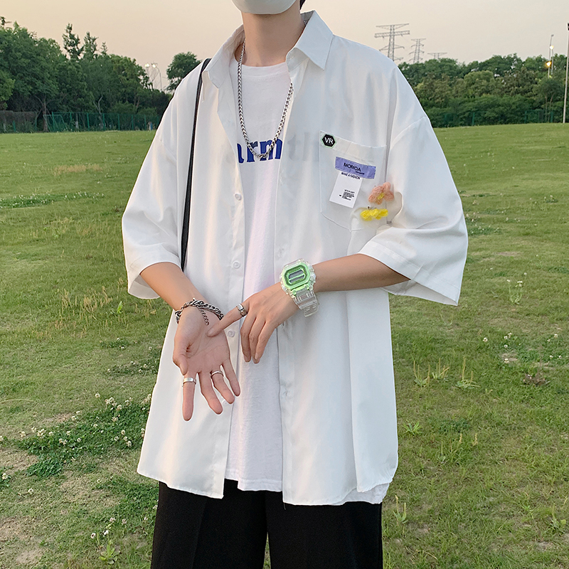 休闲衬衫男七分袖夏季冰丝衬衣短袖设计感小众学生上衣ins痞帅潮