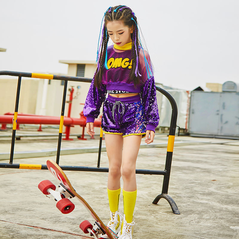 女童爵士舞服装韩版儿童街舞jazz套装露脐亮片民族服装
