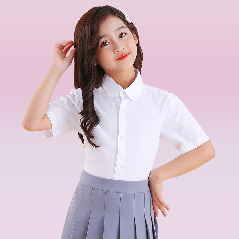 女童表演洋气短袖白色儿童校服演出小学生纯棉衬衫