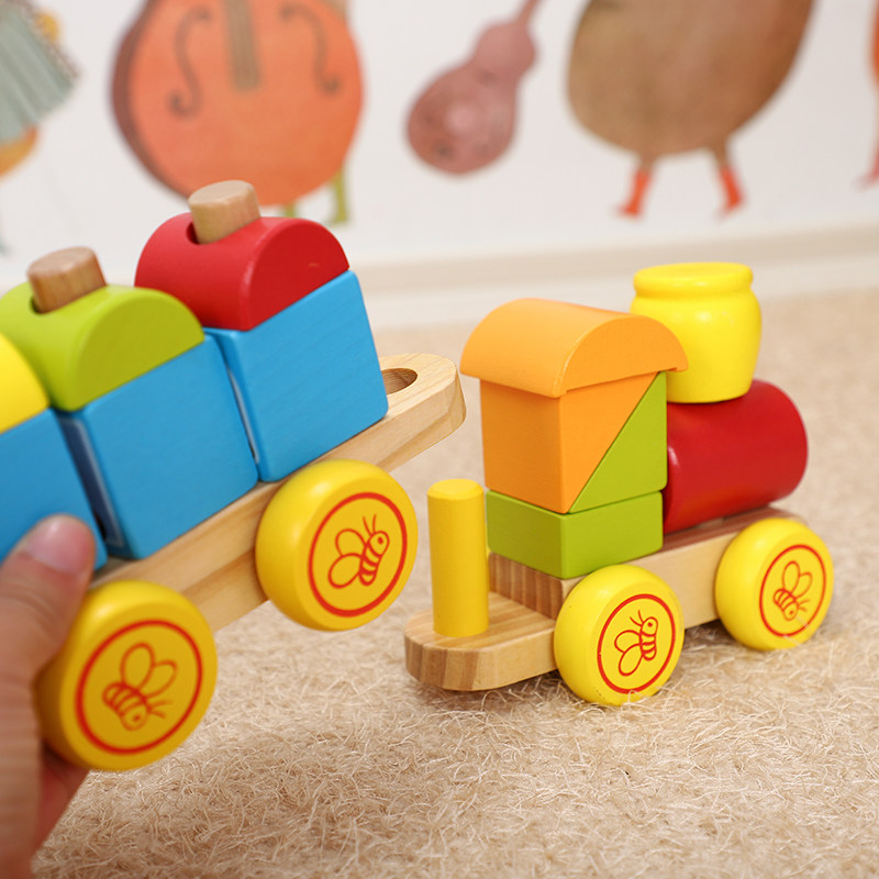 积木木质大号小火车惯性车大颗粒益智拼装拼搭建构