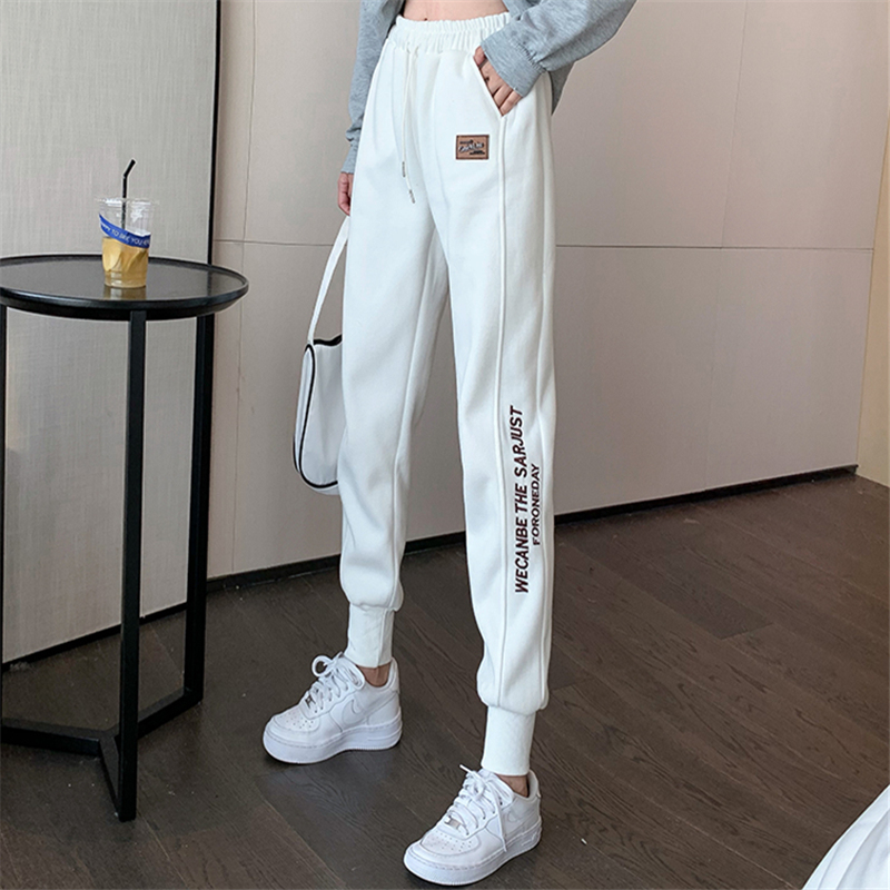 港风chic休闲刺绣卫裤子女2021春秋ins高腰显瘦直筒运动束脚长裤