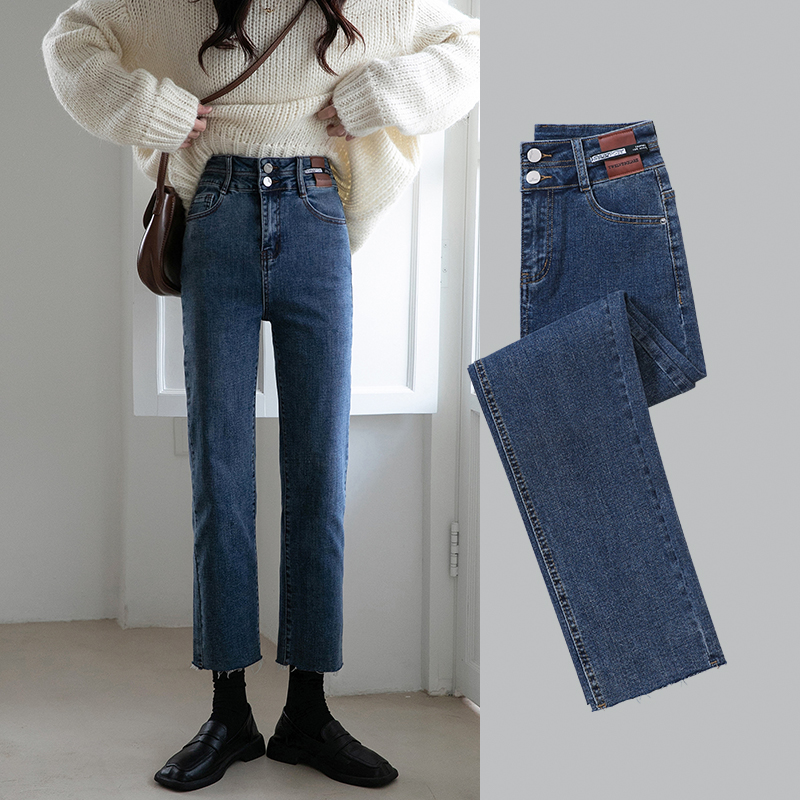 高腰直筒牛仔裤女2021年秋冬新款加绒加厚显瘦小个子复古烟管裤子