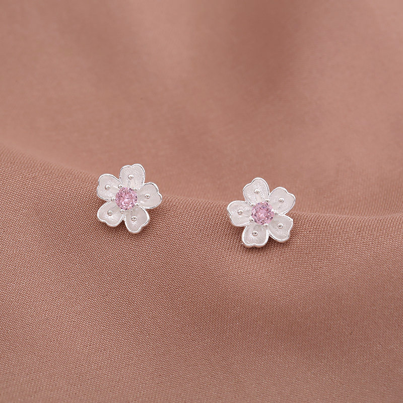 新款s925纯银银粉锆石樱花耳钉甜美长款花朵耳环