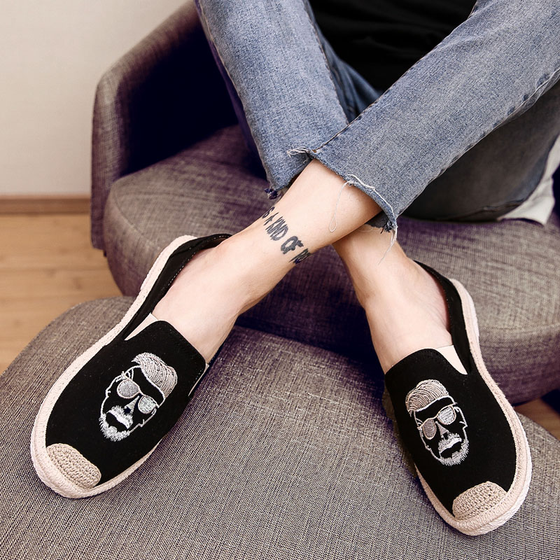 夏季亚麻渔夫帆布男鞋一脚蹬懒人休闲开车潮鞋老北京透气防臭布鞋