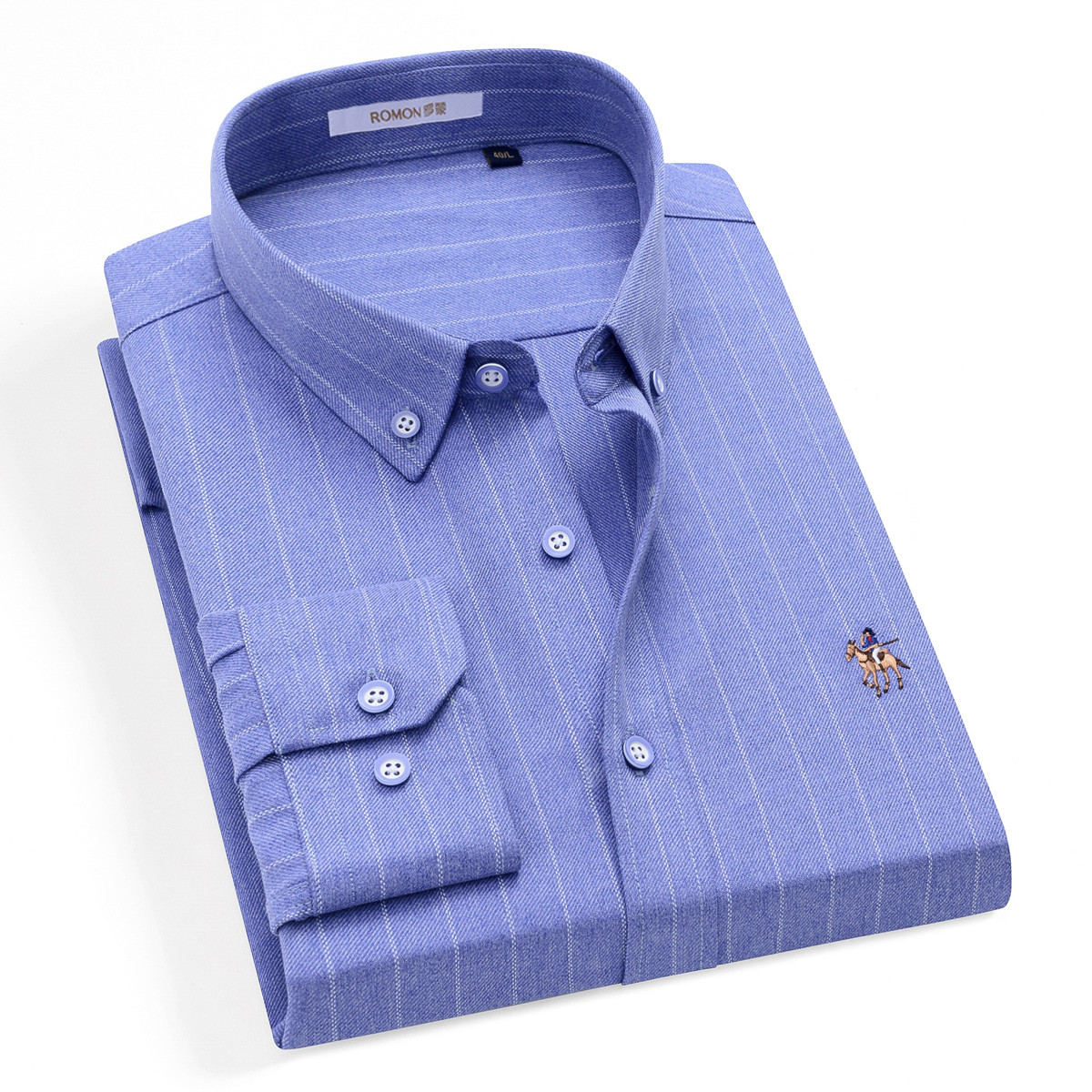 罗蒙男士长袖衬衫纯色格子条纹寸衫仿毛面料衬衫