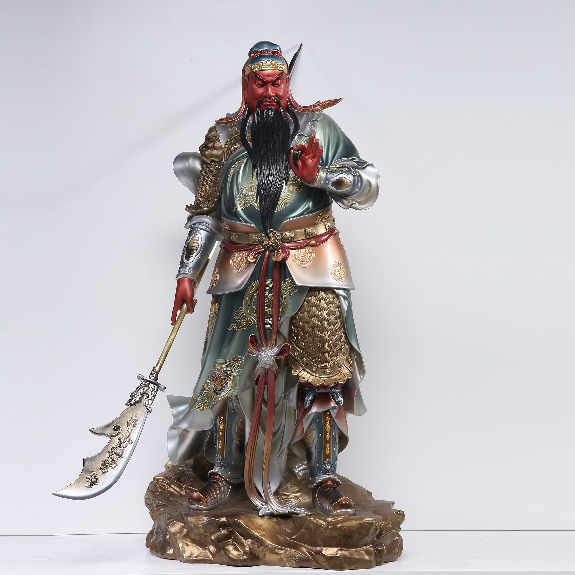 捋须大刀关公佛像武财神纯铜珐琅镶金九龙关羽摆件