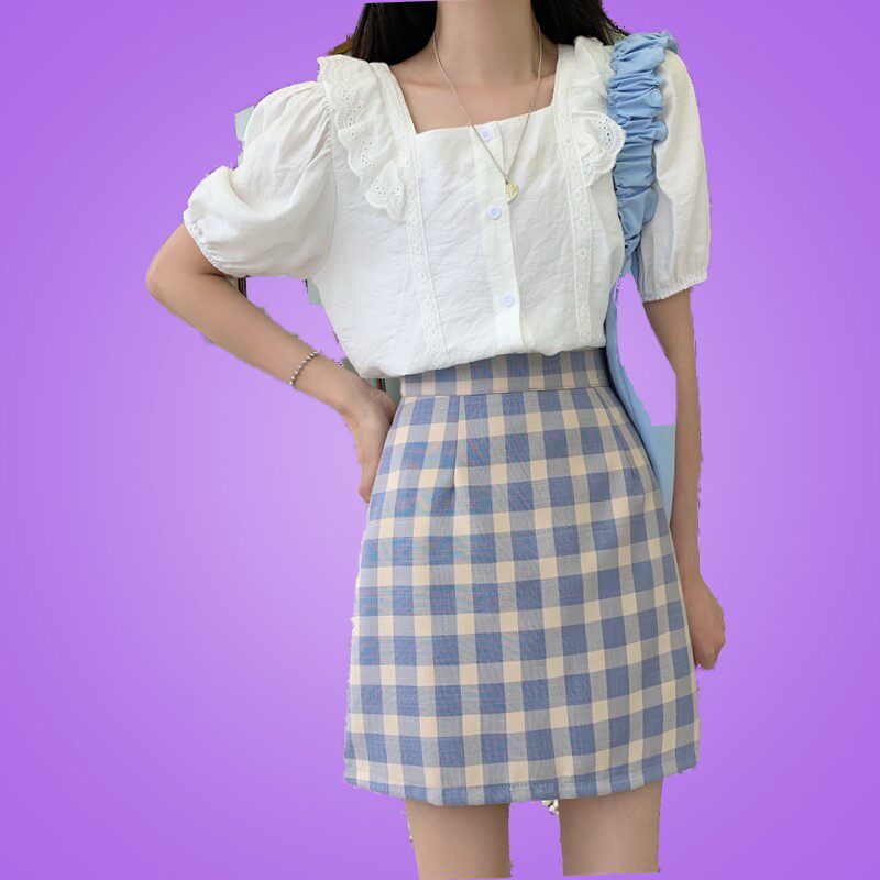 紫色包臀显瘦高腰bm字裙短裙格子半身清新半身裙