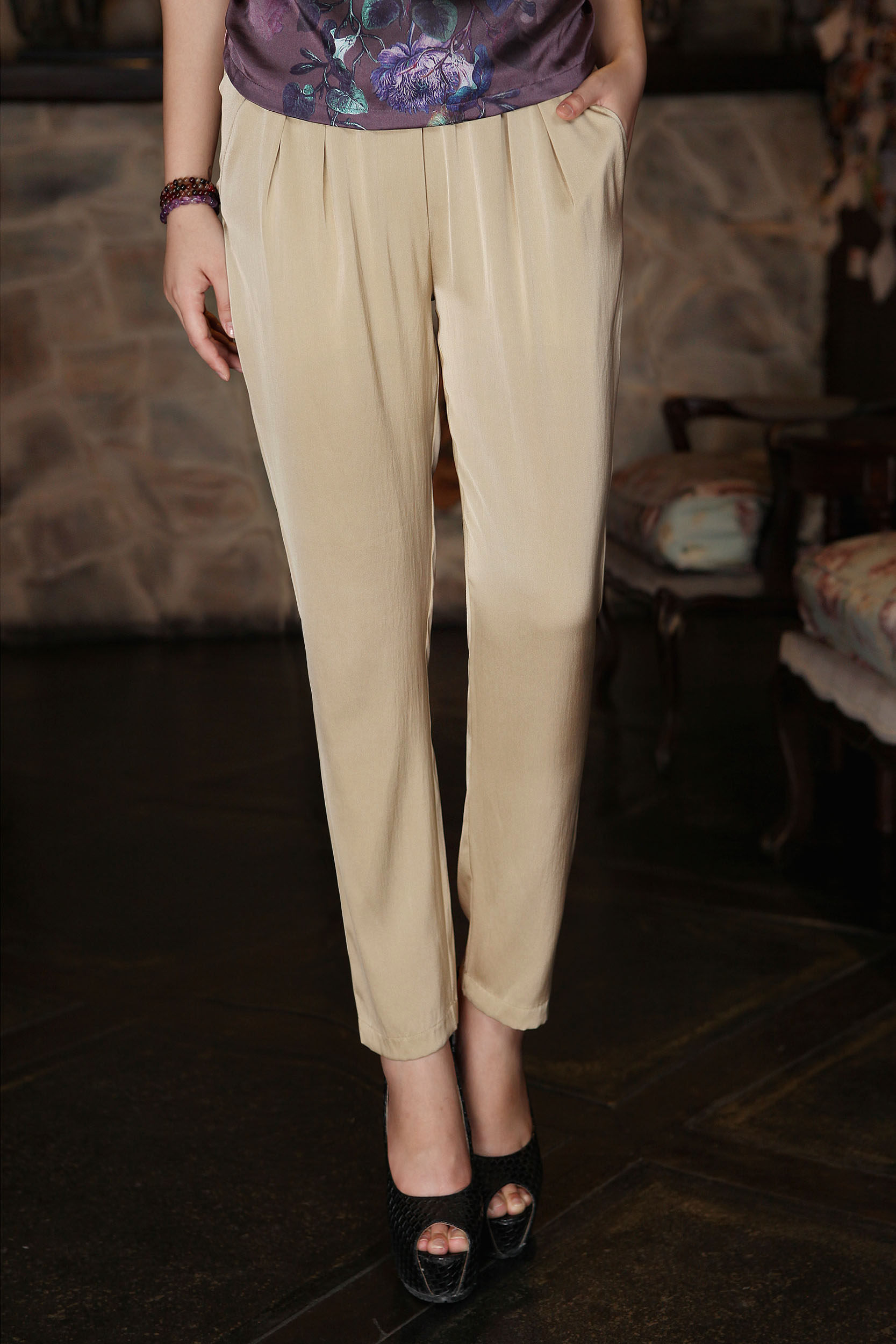 真丝女裤夏季大码休闲桑蚕丝绸哈伦小脚九分休闲裤