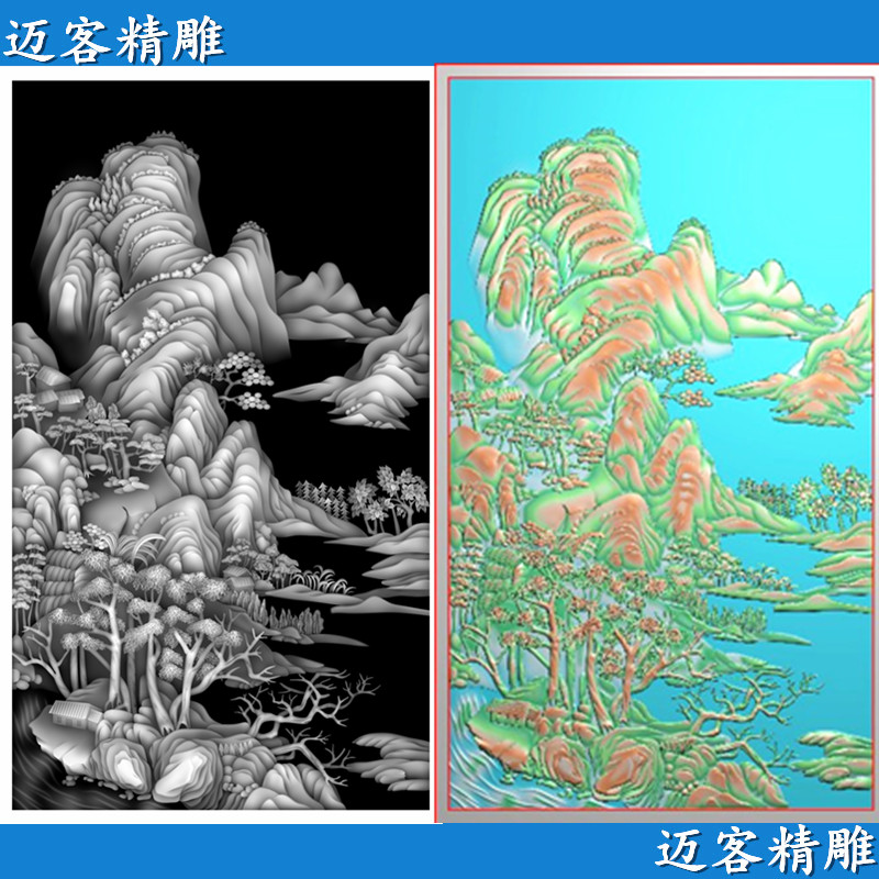 山水精雕图竖版浮雕灰度图远景木雕石雕