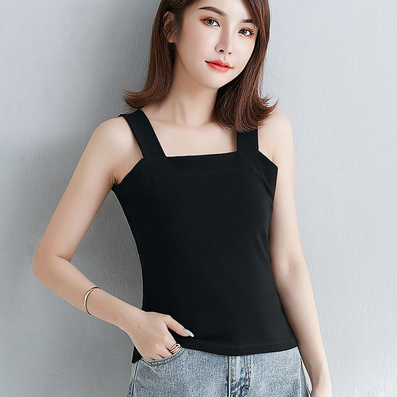 黑色吊带上衣背心外穿夏宽肩带纯棉白色方领背心吊带