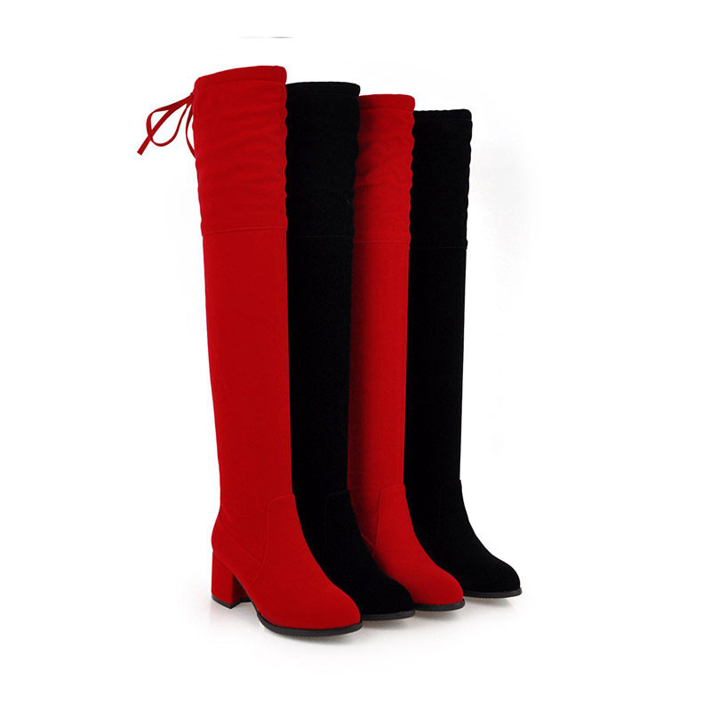 红色绒面圆头后系带高跟过膝长靴女冬季绒里二棉靴长筒时装靴子