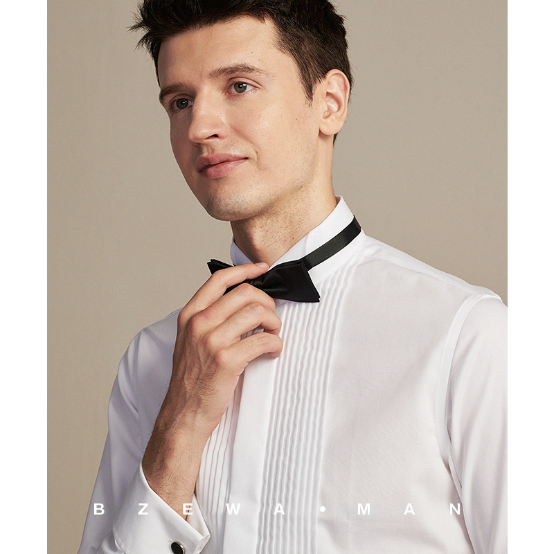 法式新郎衬衣白衬衣领结袖扣婚礼免烫翼领修身衬衫