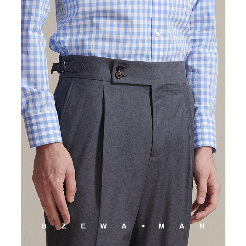 意式灰色斜纹双扣翻边单褶那不勒斯西裤商务修身西裤