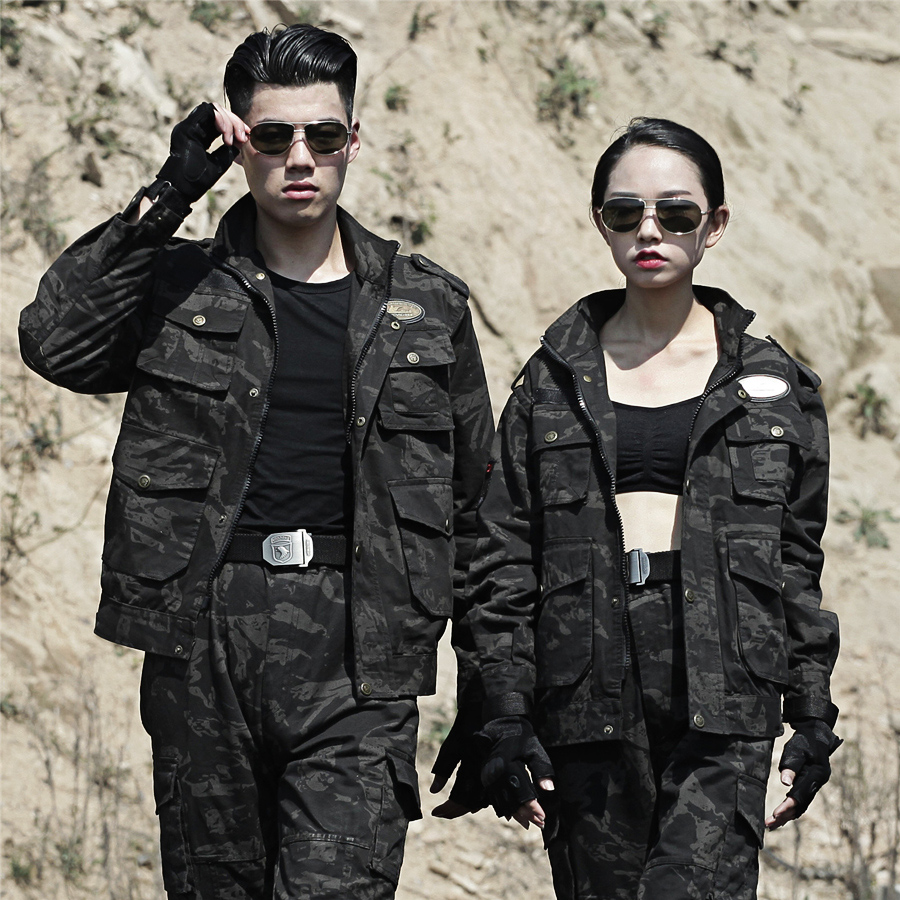 秋冬季户外纯棉黑鹰迷彩服套装男学生军训服舒适耐磨防刮战术服女