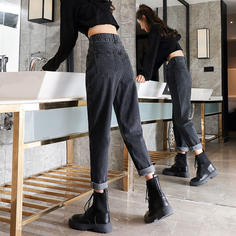 灰色加绒牛仔裤女宽松哈伦裤2021秋冬新款高腰直筒显瘦萝卜老爹裤