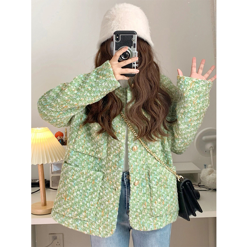 2021年新款高级感精致小香风短款加厚粗花呢绿色外套女秋冬装百搭