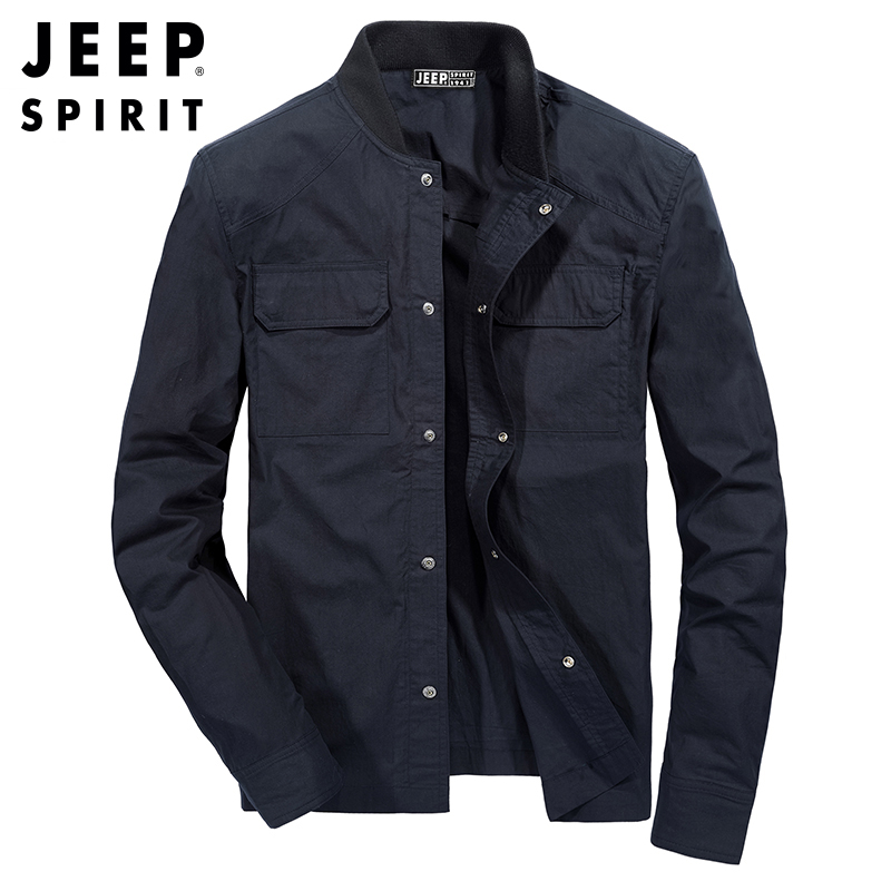 吉普春秋季衬衫男长袖立领男士工装衬衣春季男装外套棒球领开衫