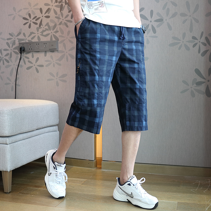 20夏季潮流纯棉外穿休闲中裤7分裤子夏天宽松格子短裤男士七分裤