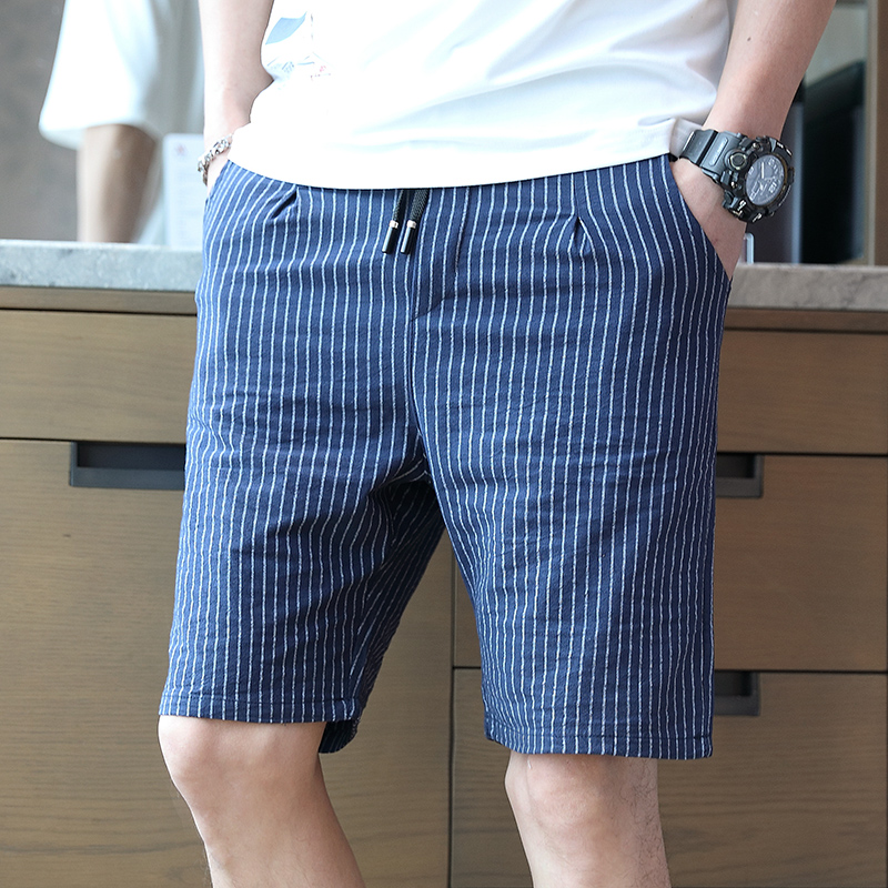 夏季薄款中裤5分休闲裤五分裤宽松外穿居家沙滩裤条纹短裤男潮流