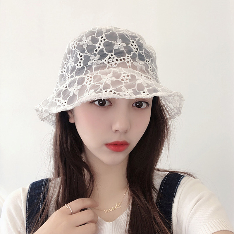 ins蕾丝渔夫帽女韩版百搭夏季薄款花朵镂空帽子