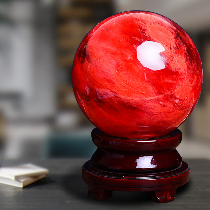 红水晶水晶球摆件玻璃透明天然圆球招财客厅玄关摆件