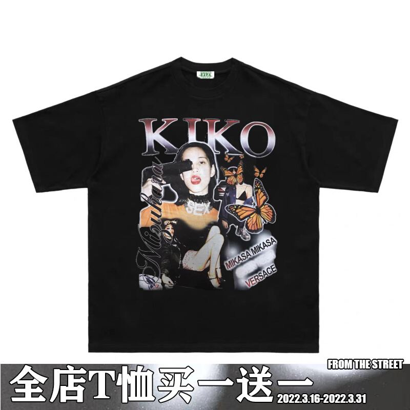 来自街头水原希子Vintage古着短袖饶舌嘻哈bboy小领口T恤街舞宽松