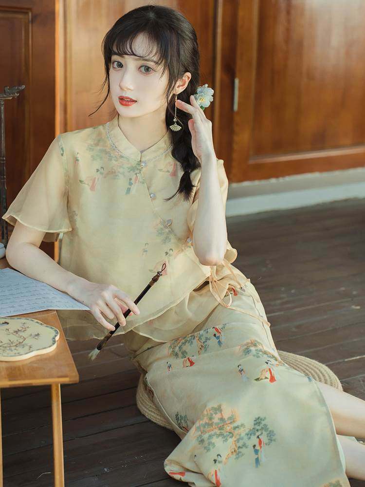 2022新款漂亮新中式江南国风少女古法改良旗袍水墨连衣裙套装女夏