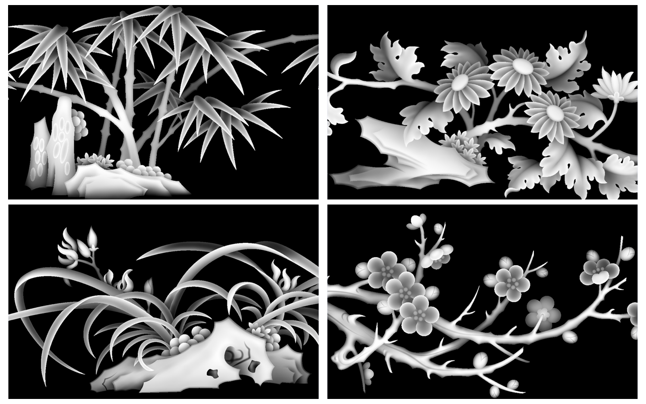 g0903梅兰竹菊一套浮雕精雕jdp灰度bmp格式木雕设计素材