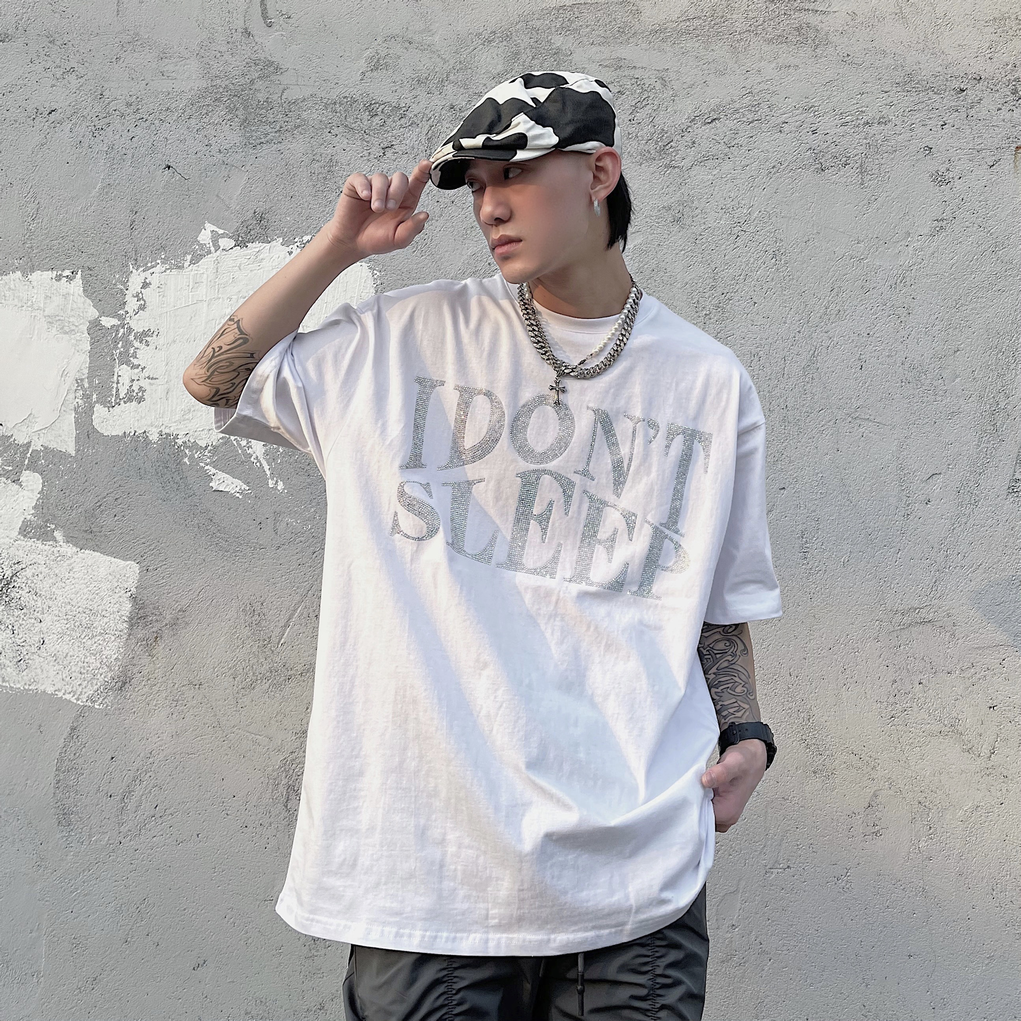 BLACKLISTS 夏季欧美街头嘻哈重工烫钻短袖男潮牌宽松高街情侣T恤