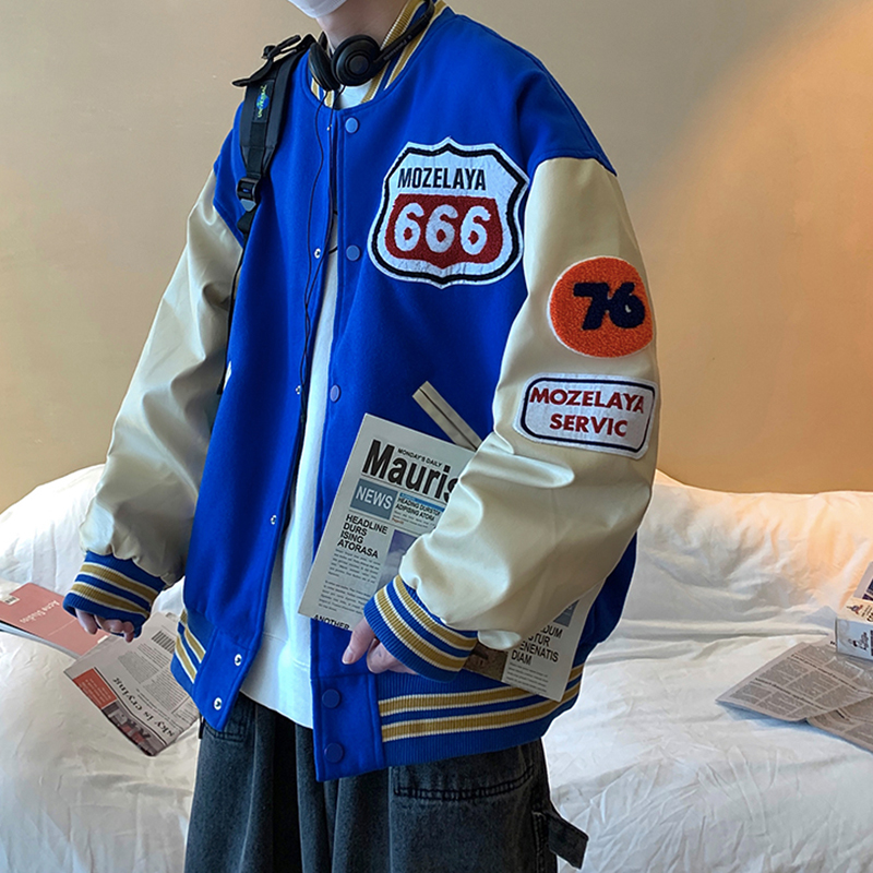 克莱因蓝美式棒球服男春秋美式复古拼接夹克vintage外套oversize