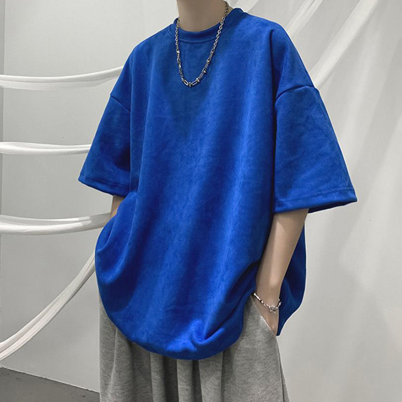 克莱因蓝美式重磅T恤麂皮绒短袖男设计感小众小领口六七分袖夏季