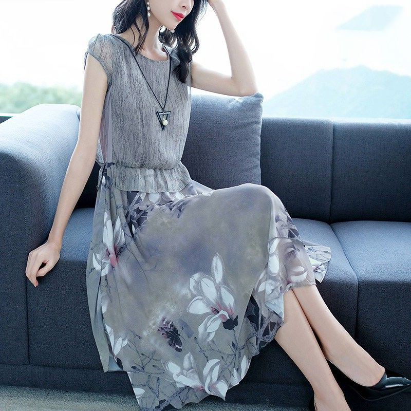 雪纺连衣裙女2020夏季新款气质碎花印花中长款短袖过膝大码裙子夏