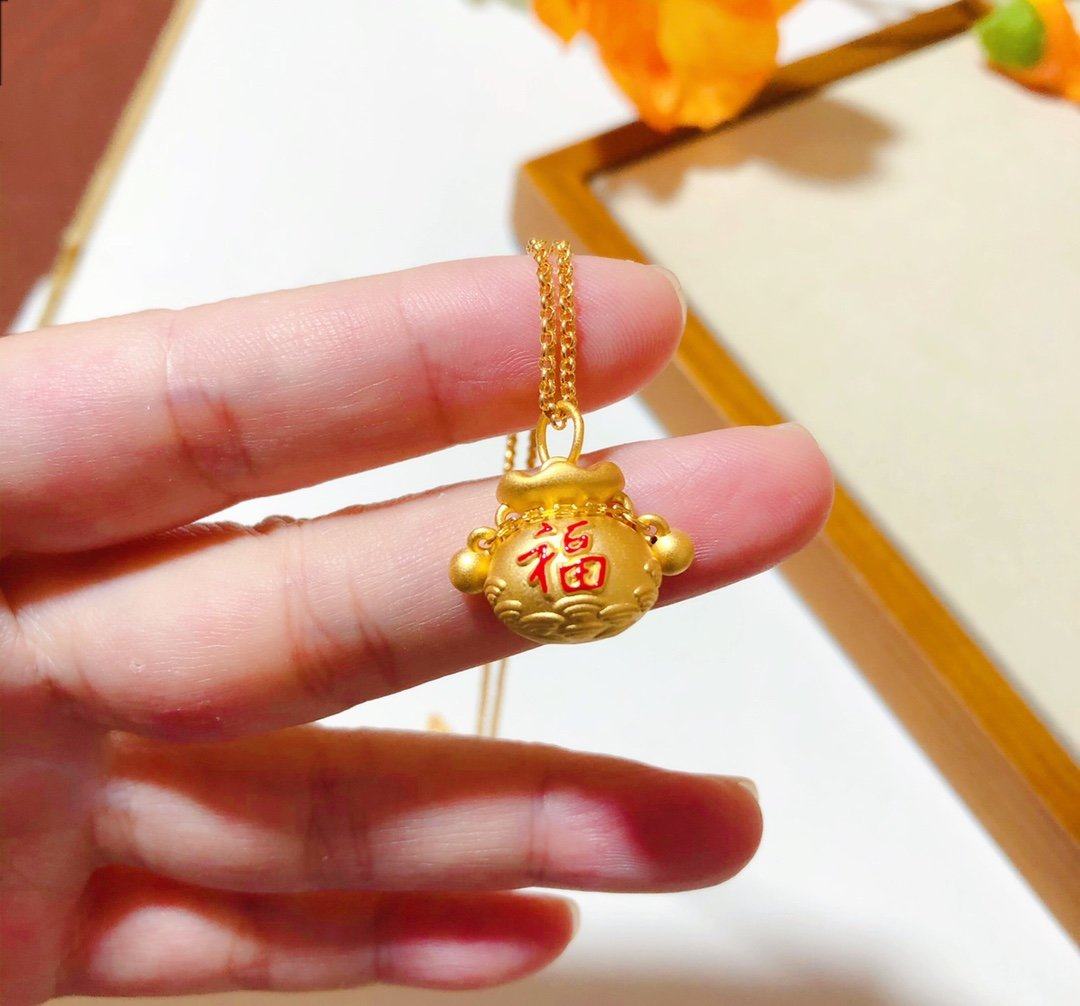 足金纯金福袋黄金吊坠3d硬金小球转运本命年颈饰