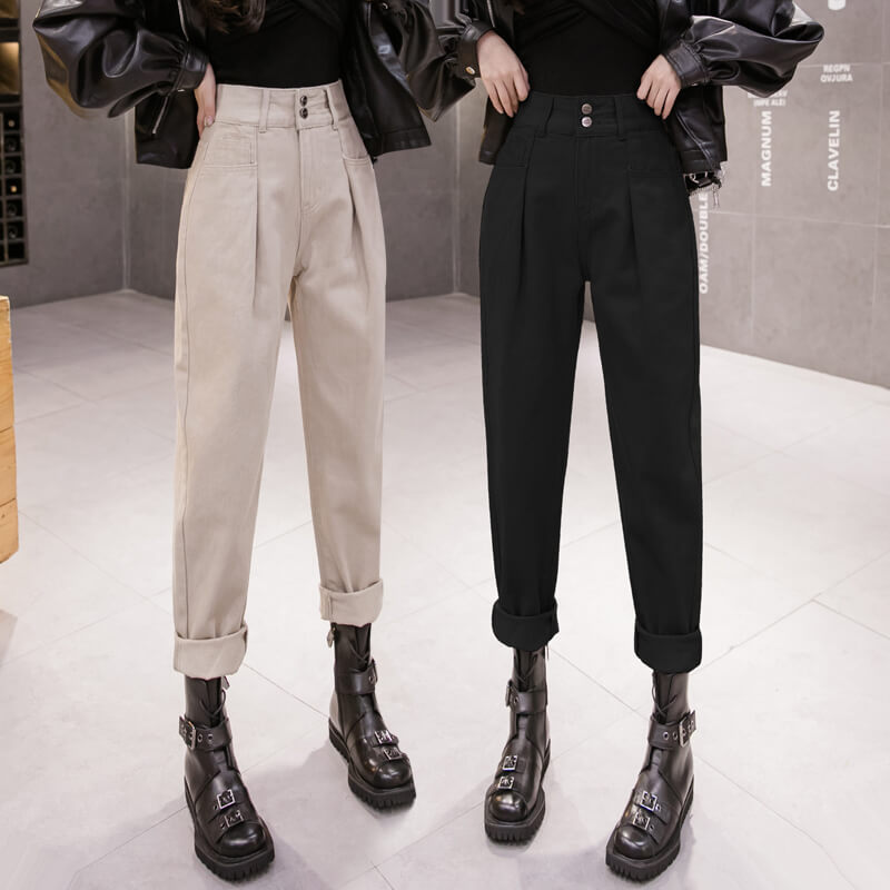 工装裤女秋冬高腰显瘦哈伦裤2021年新款裤子牛仔裤直筒宽松休闲裤